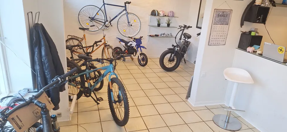Børnemountainbike, minicrosser og el-cykel med brede dæk i butikken